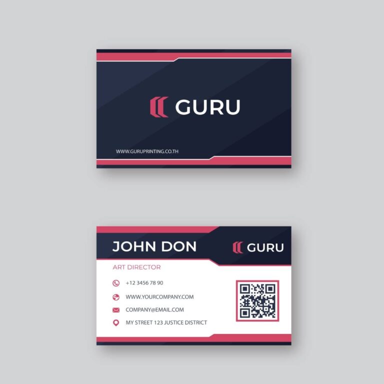 ตัวอย่างนามบัตร Guru ที่จัดวางข้อมูลติดต่อและ QR Code